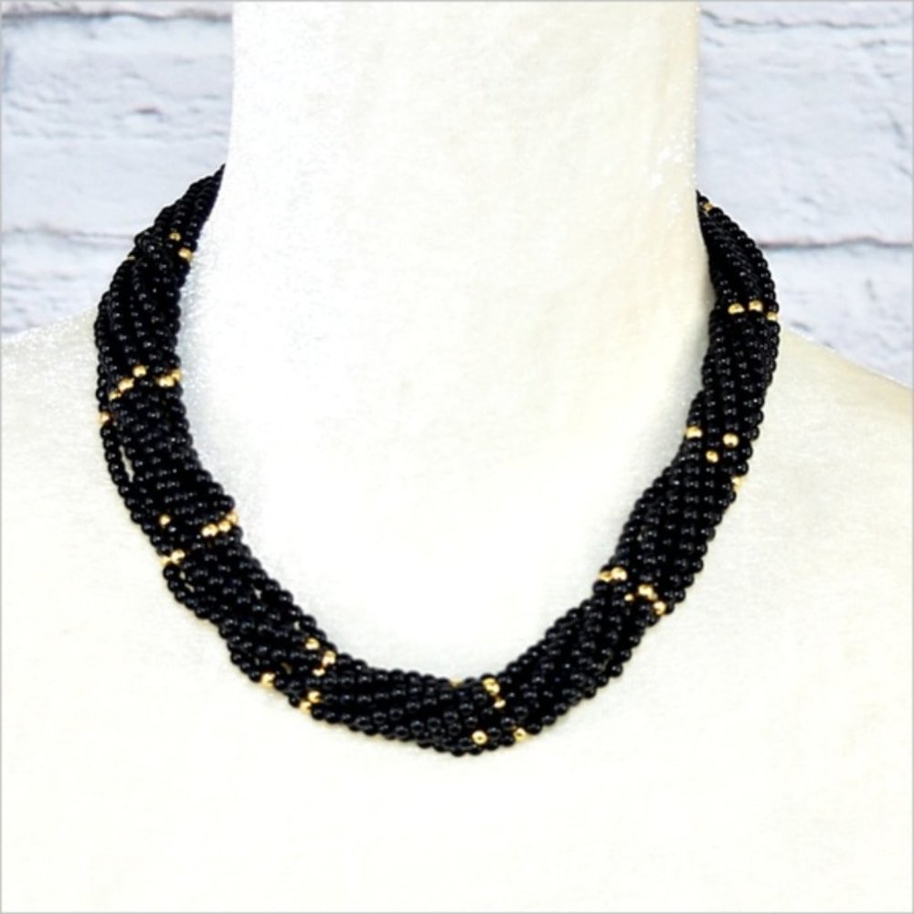 Multi Strand Black and Gold Lucite Bead Necklace - Picture 4 of 8